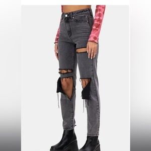 Adika grey almost black ripped jeans, hard denim mom jean women’s XS